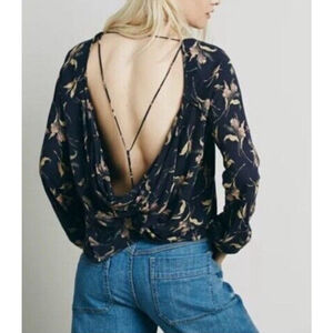 Free People Open Back Floral Print Long Sleeve Top Size M Black